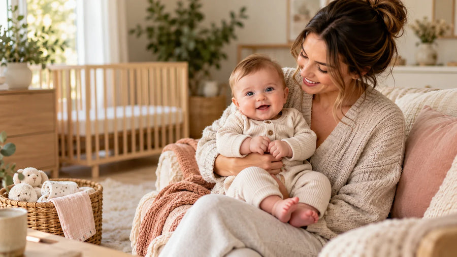 Mother holding her smiling baby in a cosy home, illustrating a first-year parenting guide to sleep, comfort and baby care