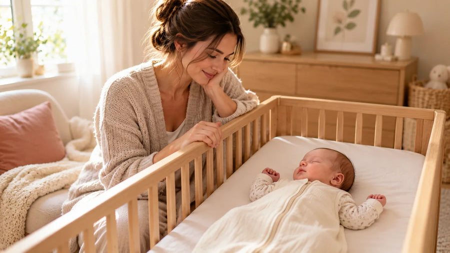 Newborn baby sleeping on their back in a clear wooden cot while their mother watches nearby in a softly lit nursery